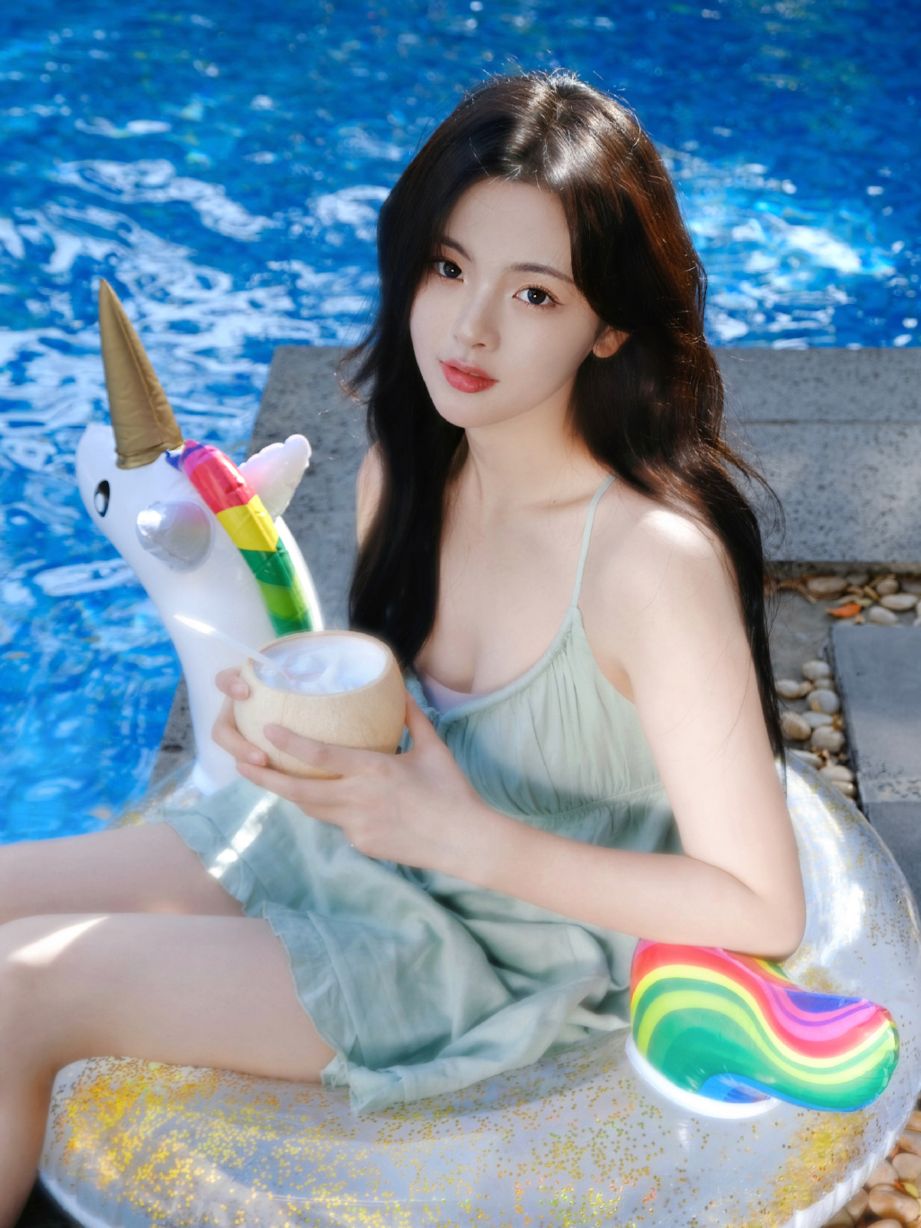 杨超越泳池大片,泳池,吊带,碎花裙,阳光,清新自然