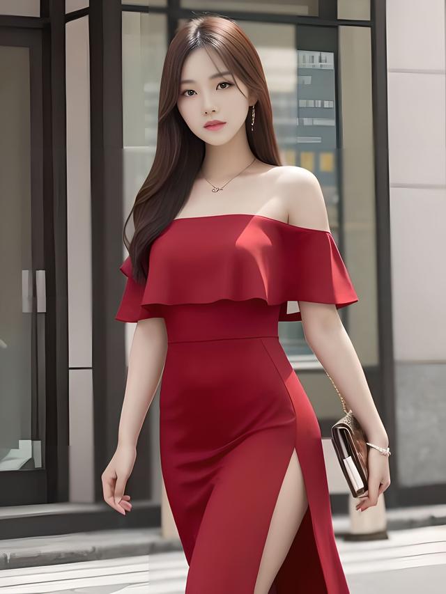 ai 城市街头的气质美女与一字露肩裙