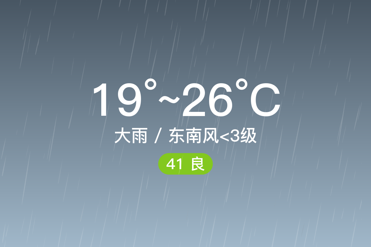 「郴州桂东」6/16,大雨,19~26℃,东南风 3级,空气质量良