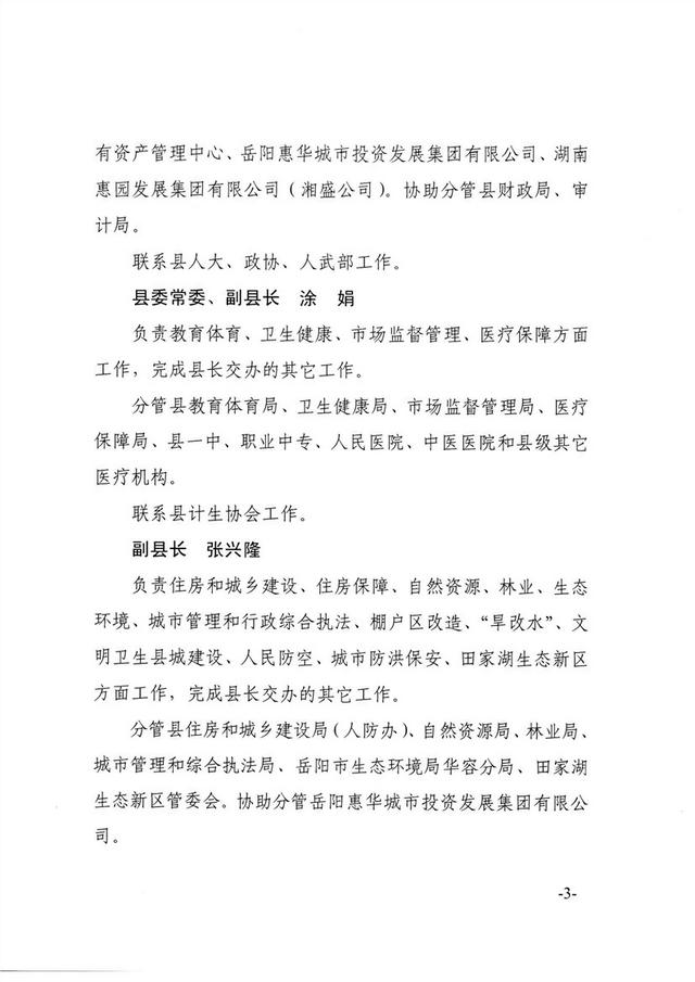 华容县政府领导班子成员工作分工出炉