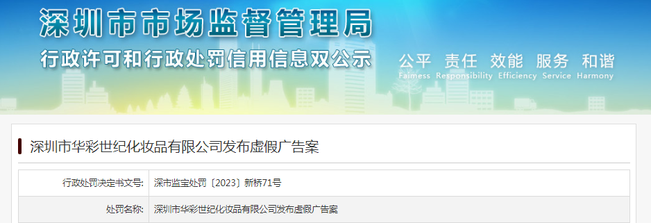 深圳市华彩世纪化妆品有限公司发布虚假广告被罚款1500元