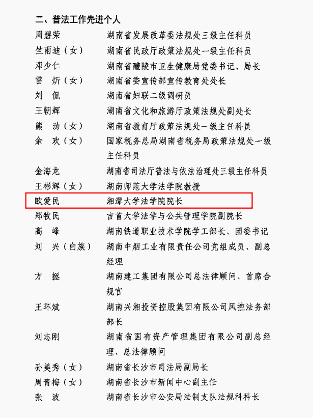 湘大法学院院长欧爱民教授荣获"全国普法工作先进个人"