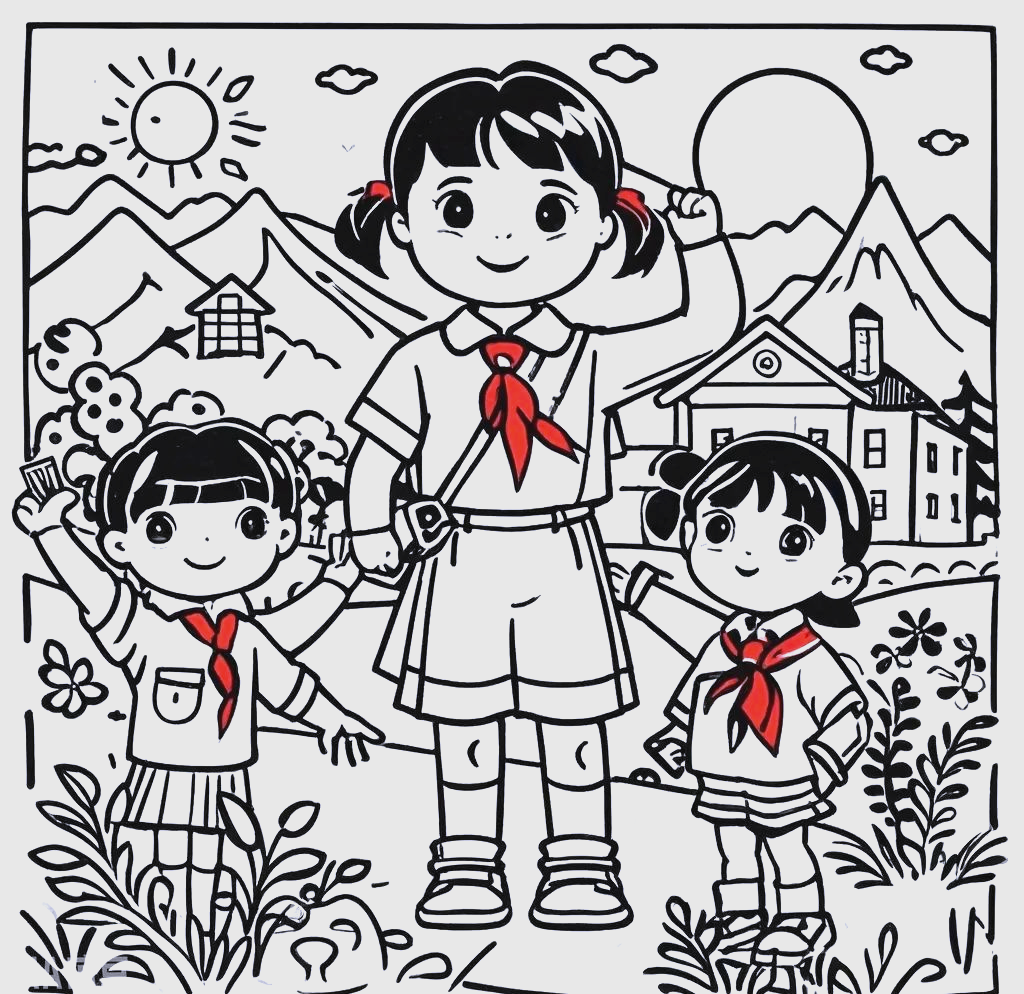 少先队员与红领巾的黑白线稿作品创作指南