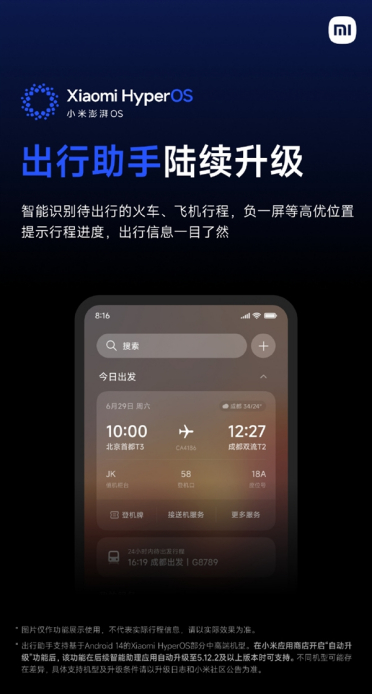 小米澎湃OS宣布升级出行助手：火车、飞机行程智能识别