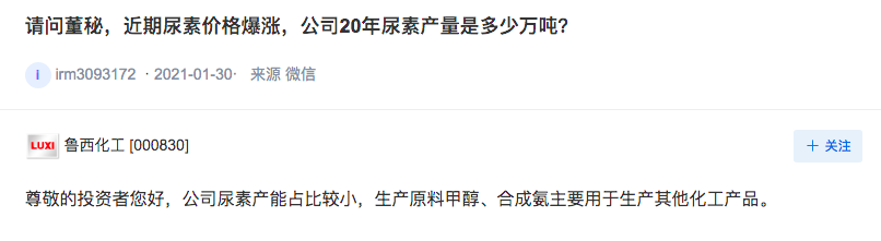 鲁西化工:公司尿素产能占比较小