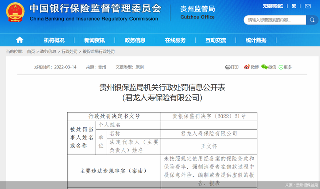 因强制消费者在借款过程中投保意外险等问题,君龙人寿合计被罚款75