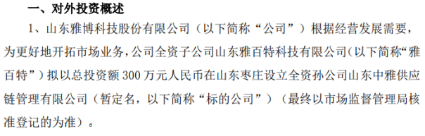 *st雅博全资子公司对外投资300万元设立全资孙公司