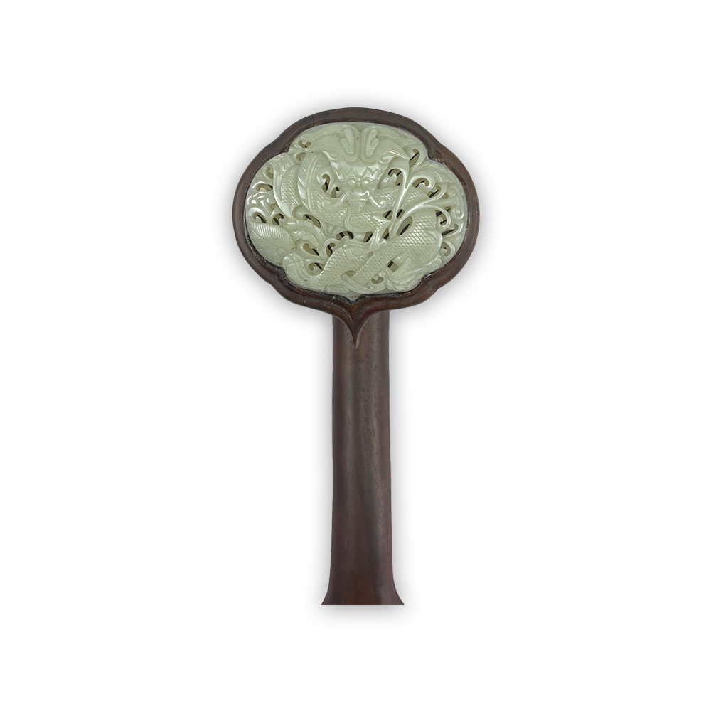 清中期 老红木 三镶青白玉 龙纹玉如意