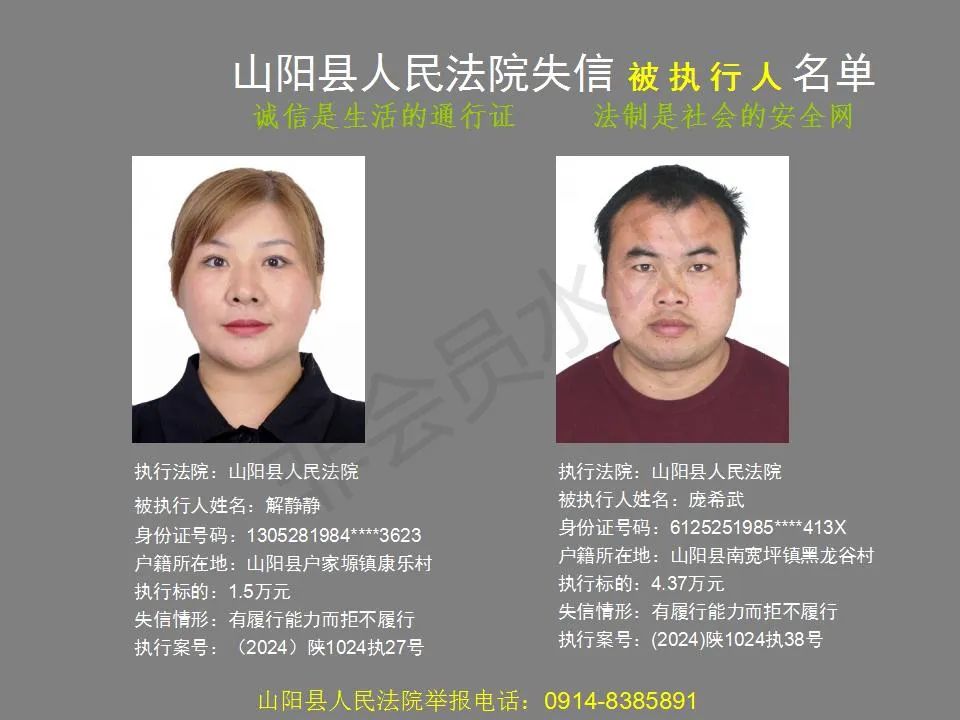 山阳县人民法院曝光失信被执行人名单