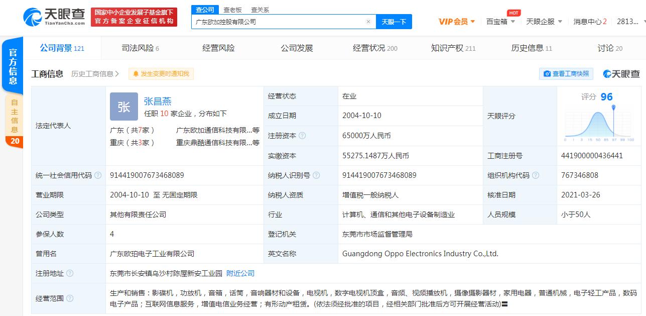 工商变更:oppo联合创始人金乐亲退出广东欧加控股有限