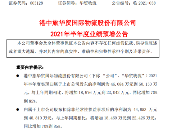 华贸物流2021年上半年预计净利4.61亿-5.