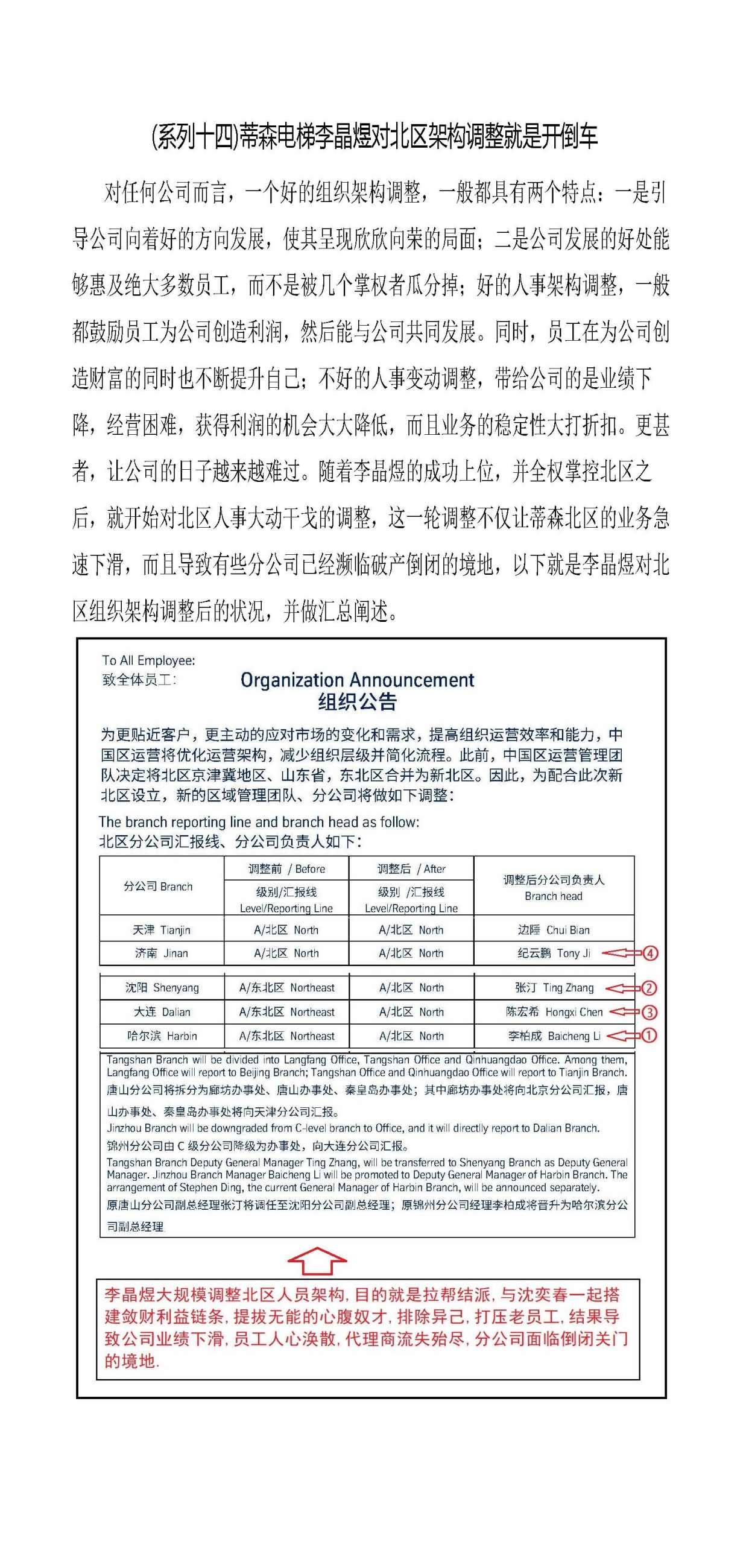 (新系列十四)蒂森电梯李晶煜对北区架构调整