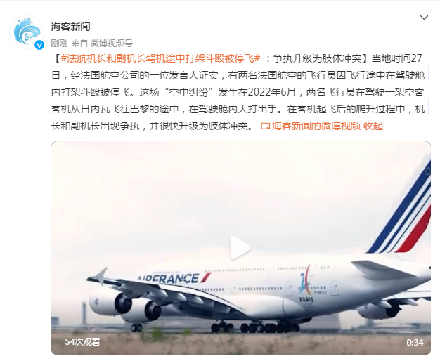 法航机长和副机长驾机途中打架斗殴被停飞