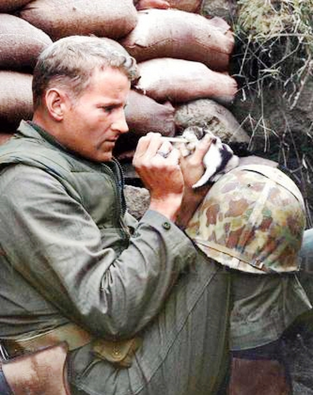 在这张朝鲜战争期间拍摄的照片中,美国海军陆战队中士弗兰克·普雷托