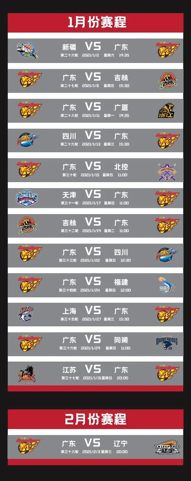 广东东莞大益队cba联赛第二阶段详细赛程表出来啦