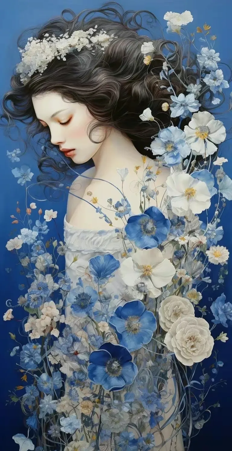 ai美人壁纸,以深蓝色为主,营造一种神秘而沉静的氛围