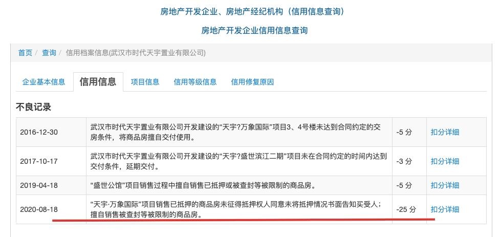 武汉市时代天宇置业涉两项违规售房被扣信用分 公司另涉多笔欠税