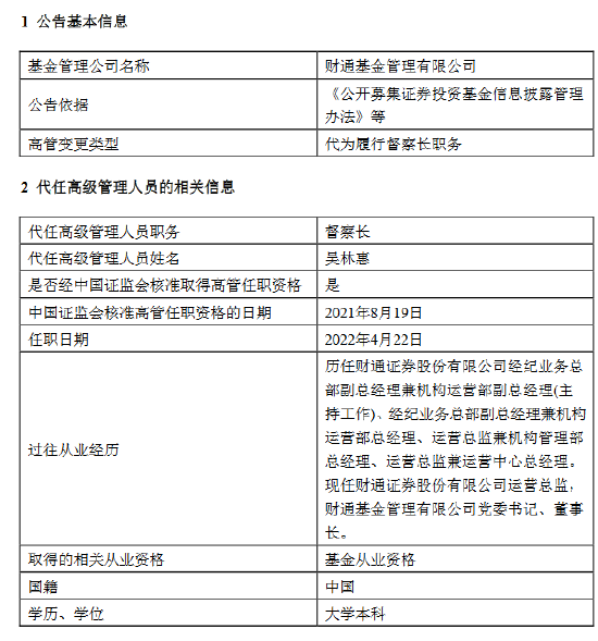 "定增王"财通基金督察长武祎离任 由董事长吴林惠代为履行督察长职务