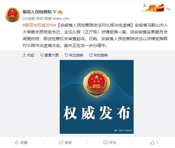安徽检方决定逮捕马鞍山市人大常委会主任从辉