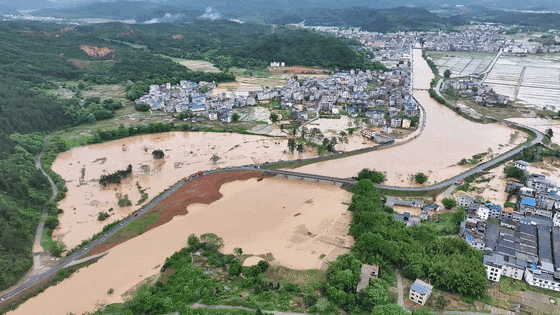 河水淹没全县河流水位上涨明显降雨导致桃江河水倒灌在赣州全南县全南