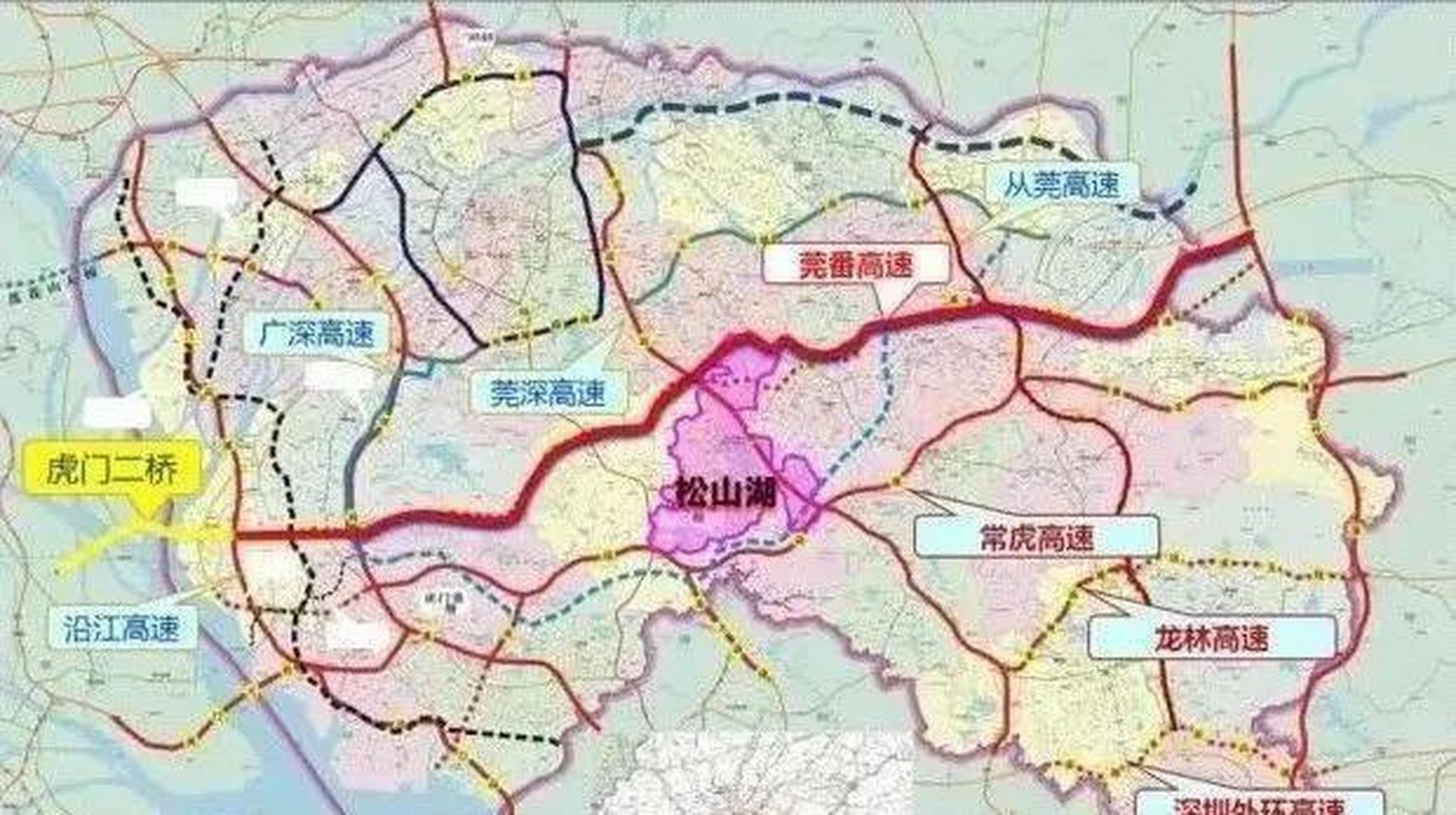 横跨整个东莞市,依次途经桥头,谢岗,常平,横沥,东坑,大朗,寮步,松山湖