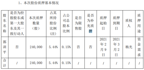 國華網安股東郭訓平質押24萬股 用於資金需求