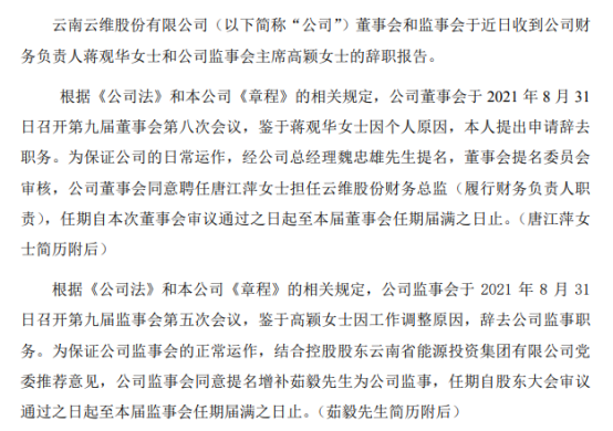 云维股份财务负责人蒋观华辞职 唐江萍接任 上半年公司净利796.06万