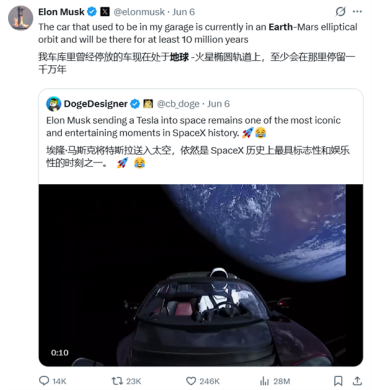 马斯克：我原来那辆特斯拉目前正在地球火星之间飞行 至少还要飞1000万年