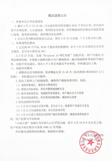 啄木鸟发布整改进度：已确认8655个争议订单 小病大修申诉口明日上线