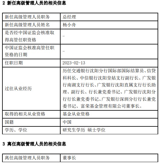 富荣基金原董事长杨小舟转任总经理