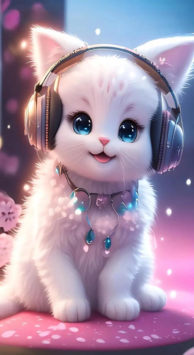 美图:戴上耳机听歌的小猫咪