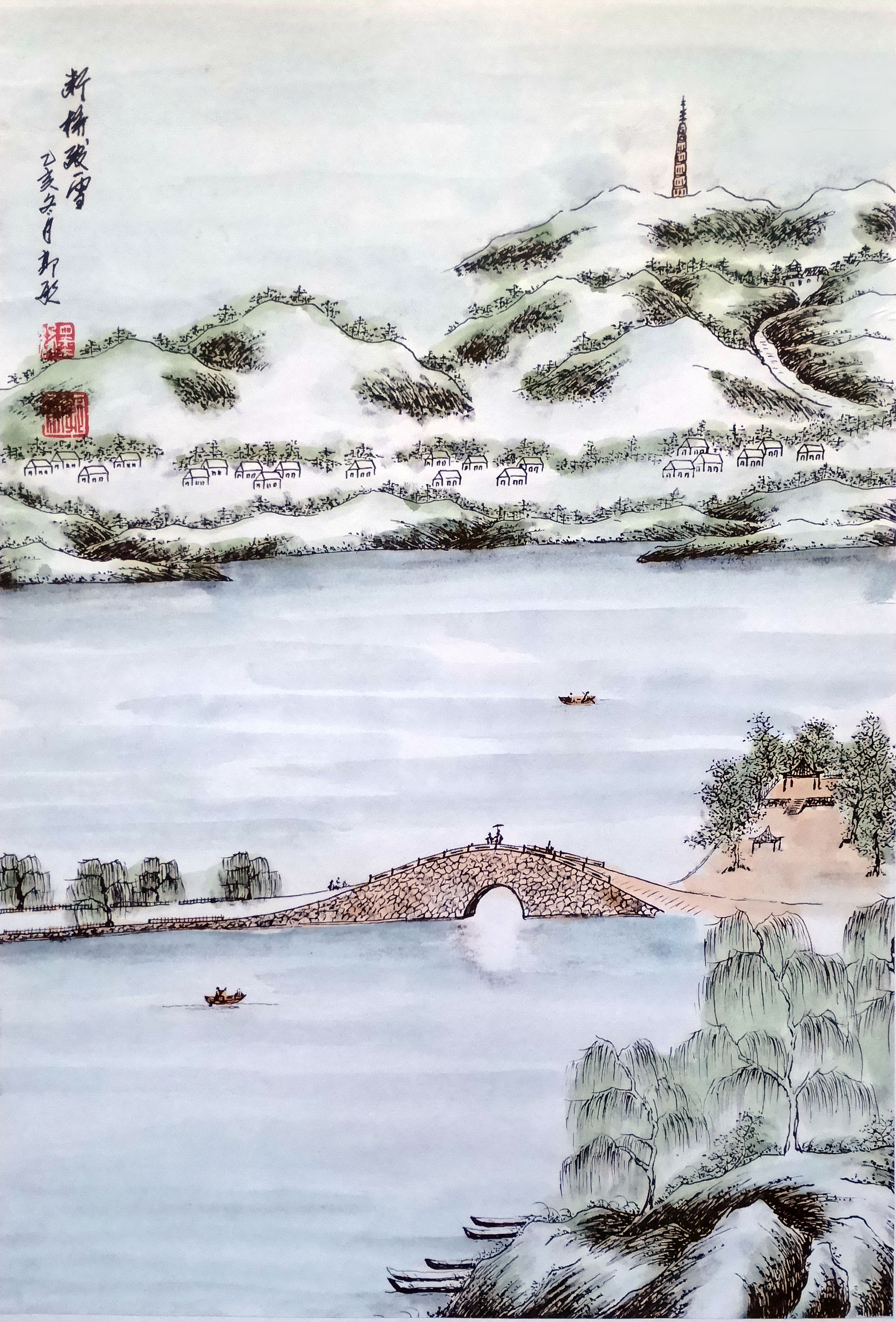 郭航钢笔绘制美丽西湖迎亚运
