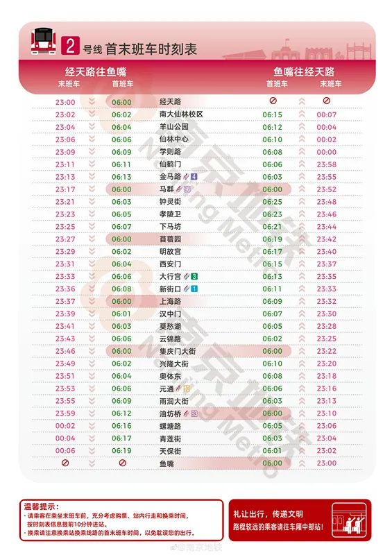 收藏!2023年南京地鐵運營時間表