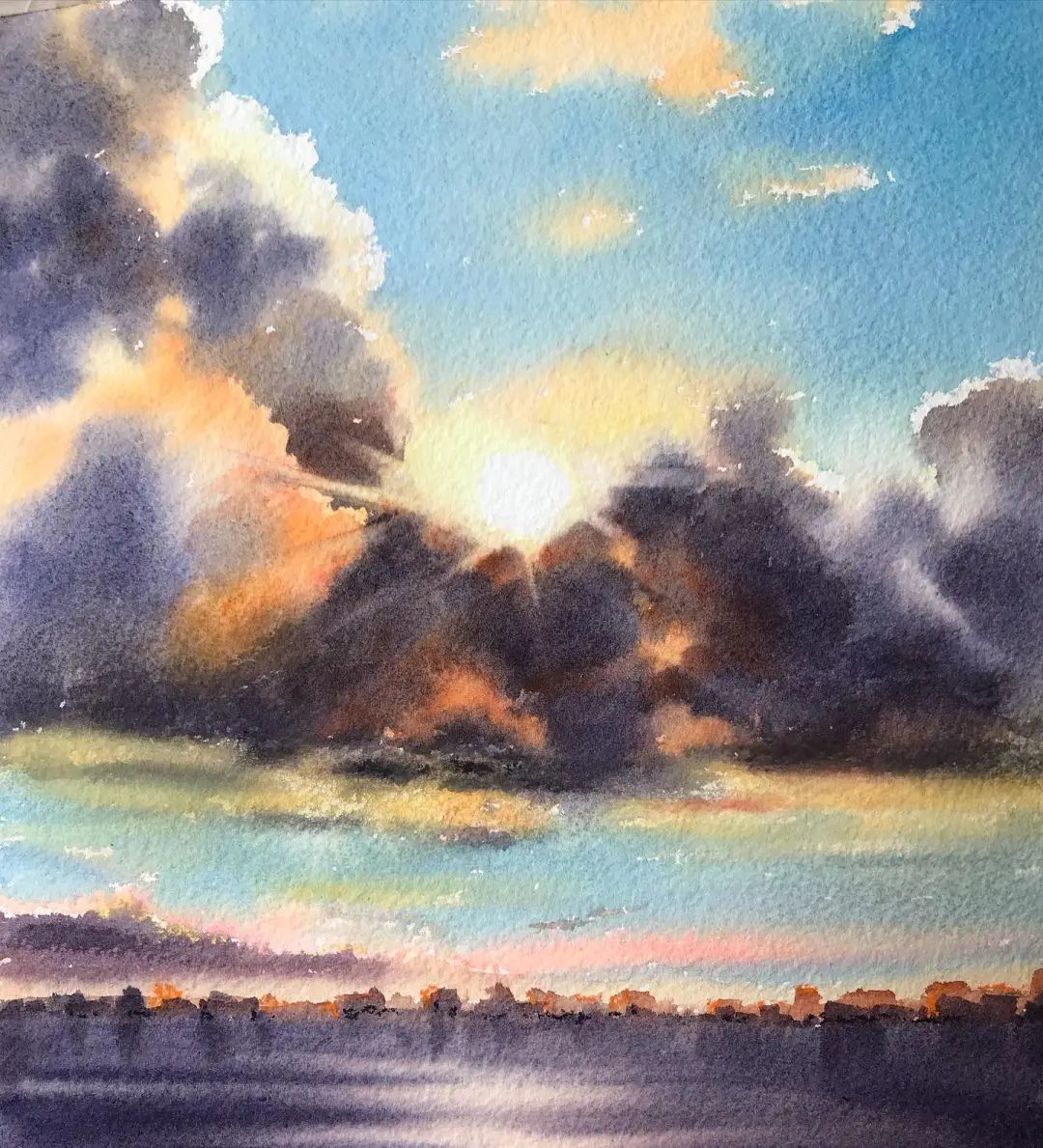 水彩|水彩风景 水天一色 天空 水面的刻画 艺术家Марина рож