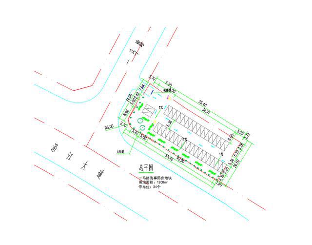 拟建地面生态停车场,占地面积约1200平方米,设计停车泊位34个.