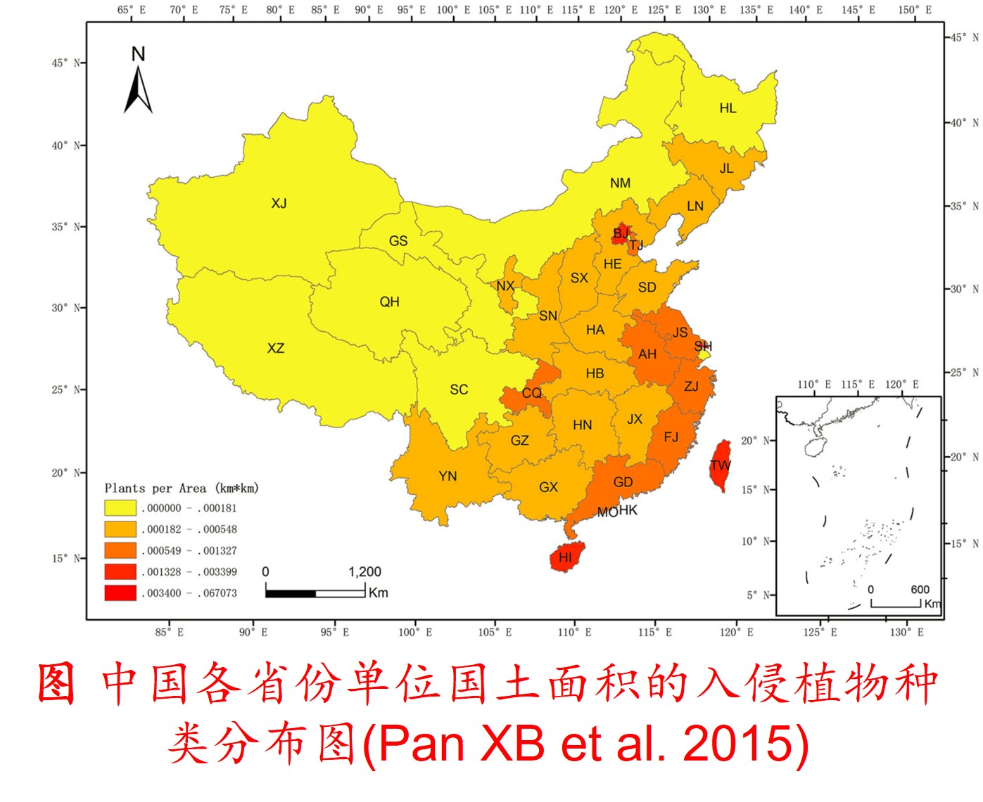 中国各省份单位国土面积的入侵植物种类分布图