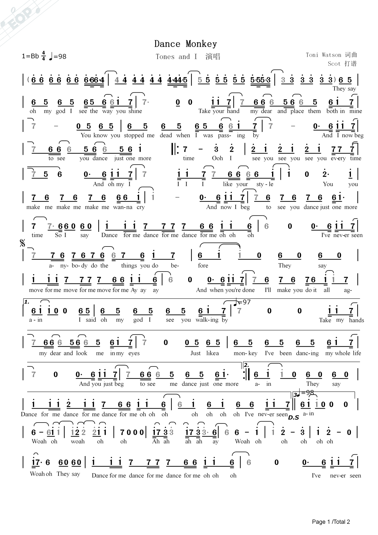 「bb调版」dance monkey - tones and i 演唱——动态简谱