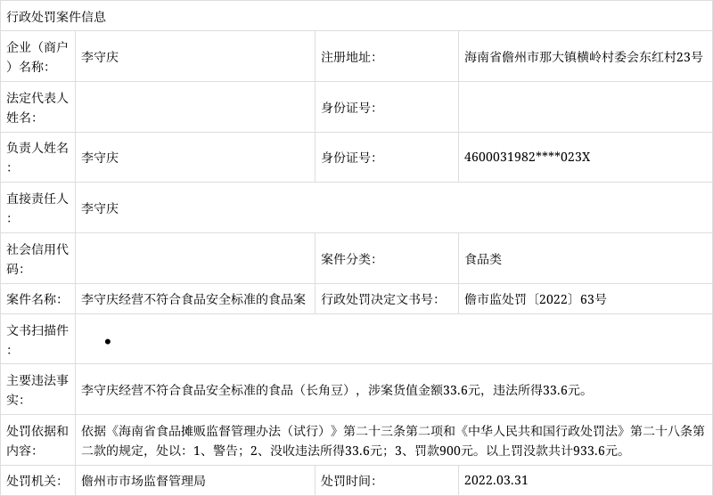 李守庆行政处罚案件信息