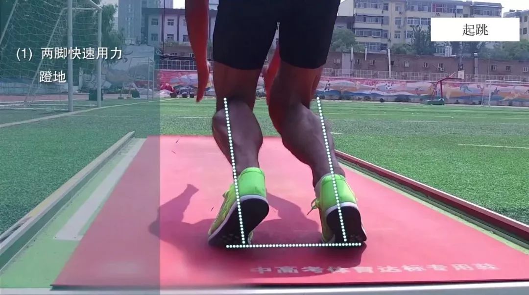 ③起跳:身体重心随上下肢压缩至半蹲位最佳时相过程向前推移,前倾约