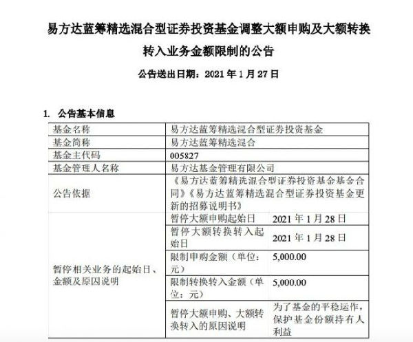 易方達藍籌精選每日申購限額由10萬降至5000元