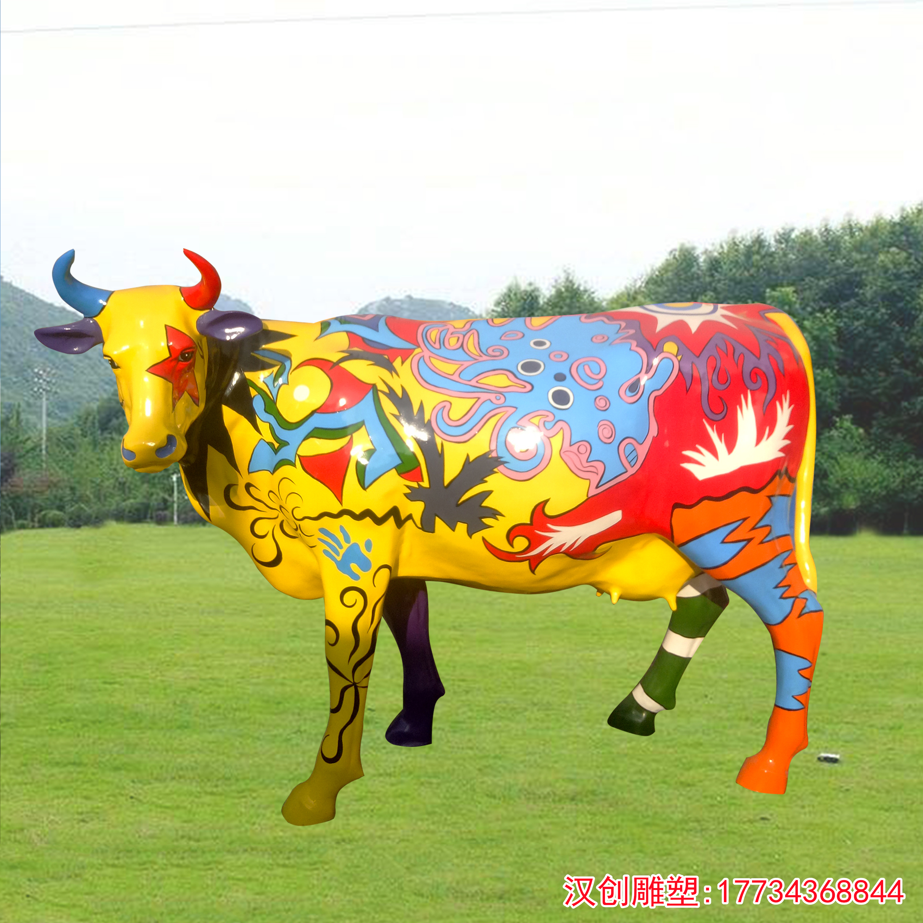 玻璃钢牛雕塑 彩绘牛雕塑