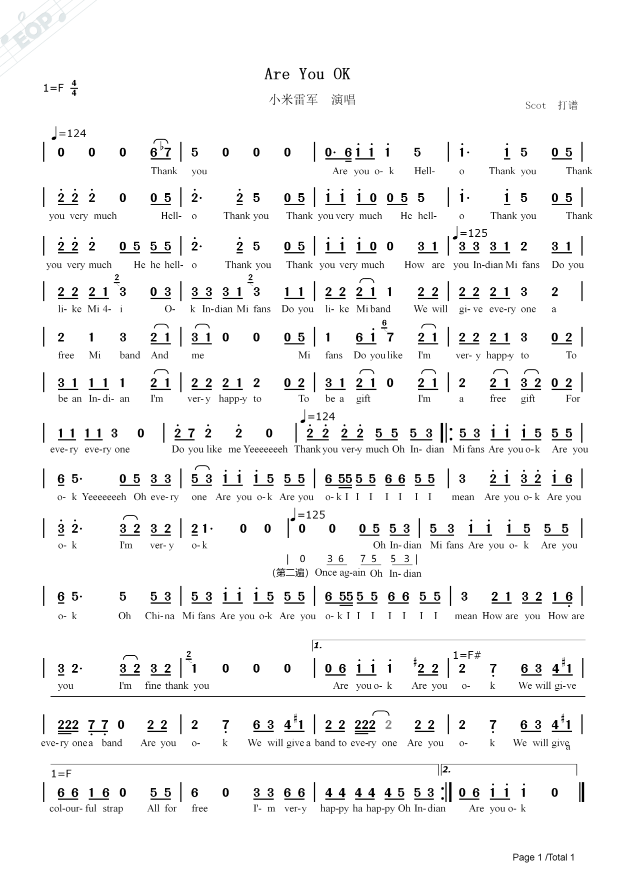 「雷军神曲」are you ok——小米雷军演唱——动态简谱
