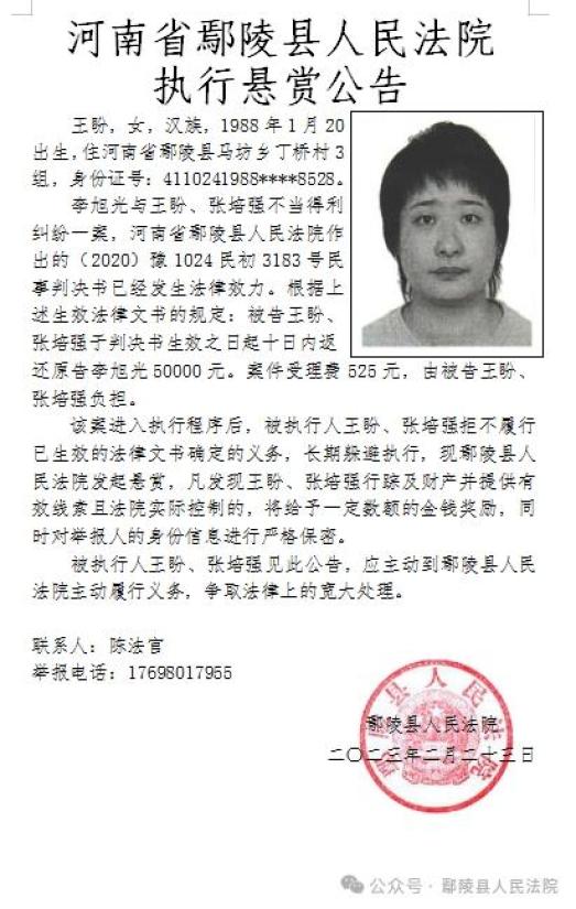 鄢陵法院2024年第一期执行悬赏公告及第一期失信被执行人发布