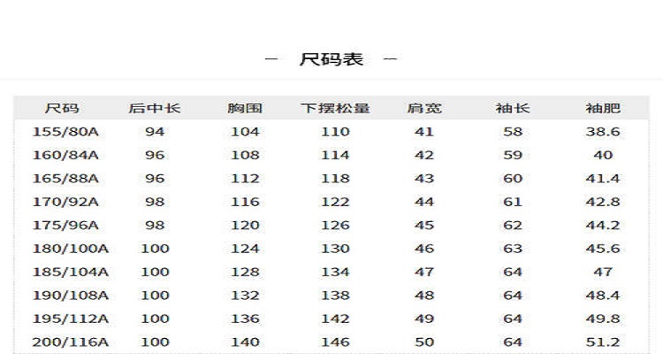 肩宽尺码对照表图片