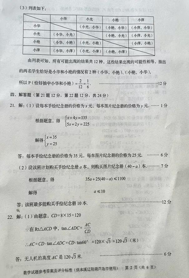 2021年本溪辽阳葫芦岛市中考数学试题及评分标准