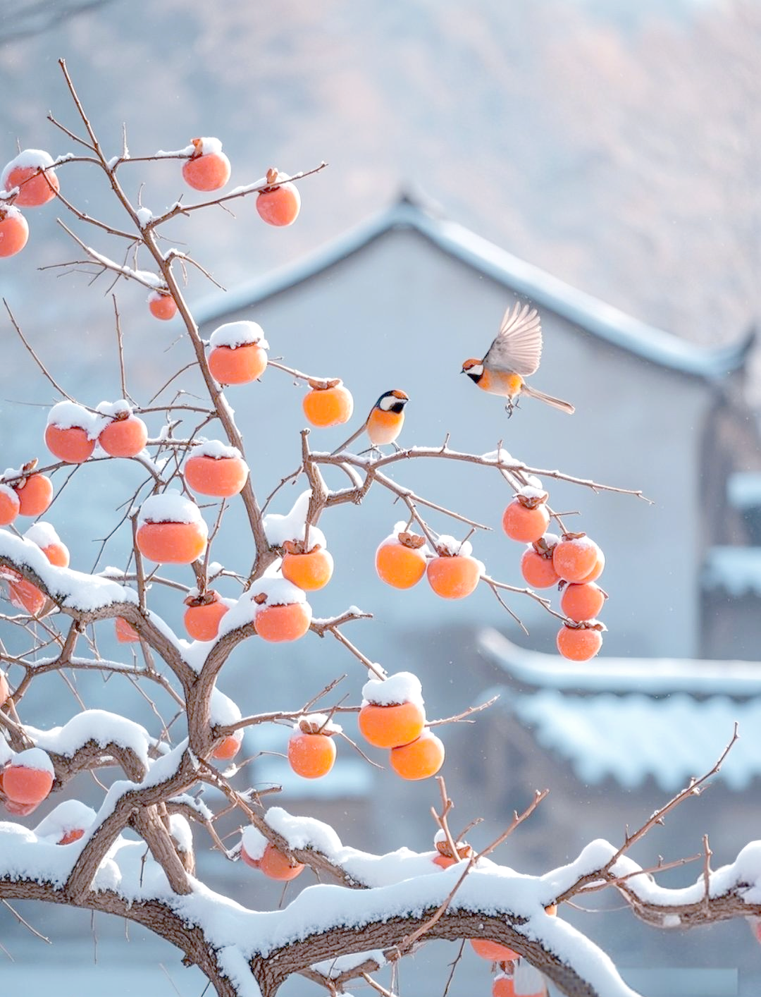 雪韵冬日,柿子树上的希望与故事