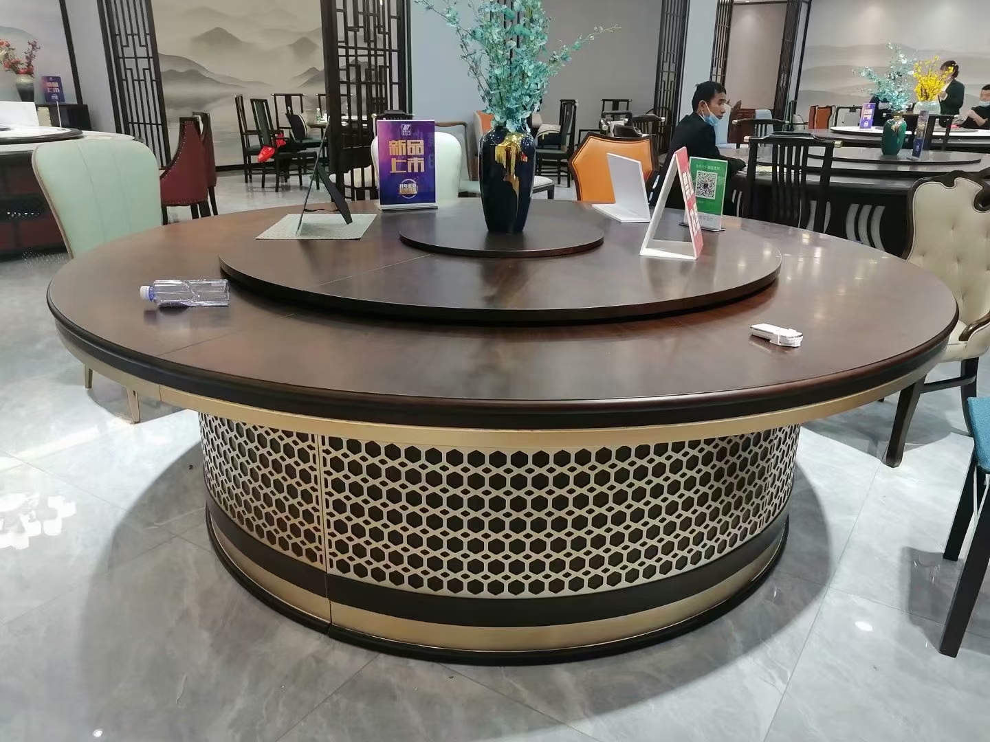 酒店家具 实木电动桌 20人多功能圆形餐桌 火锅旋转桌