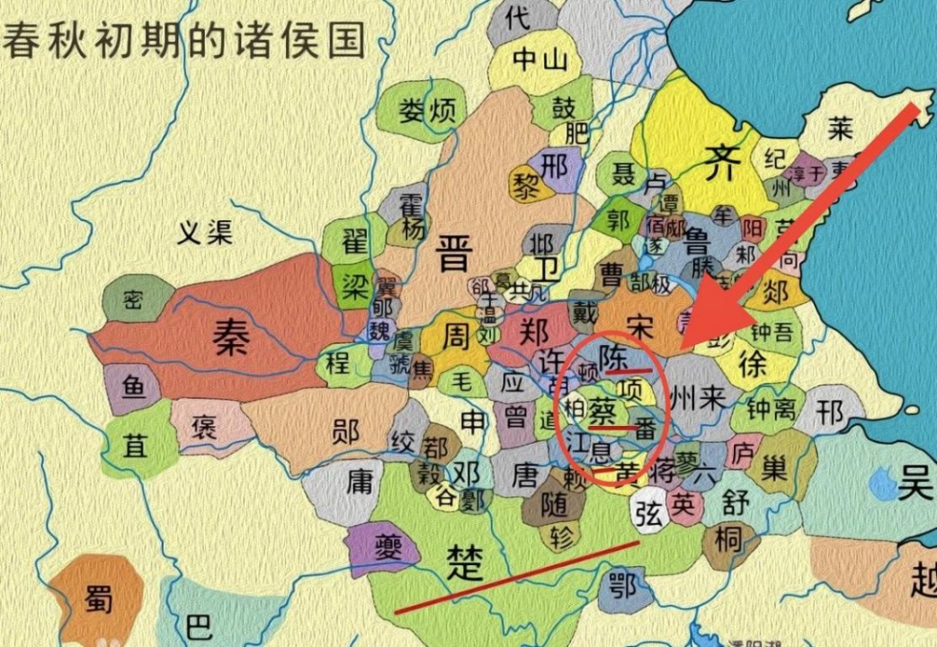 红圈处为蔡,陈,息三国位置,三者连成一道坚固防线,死死挡住楚国北上