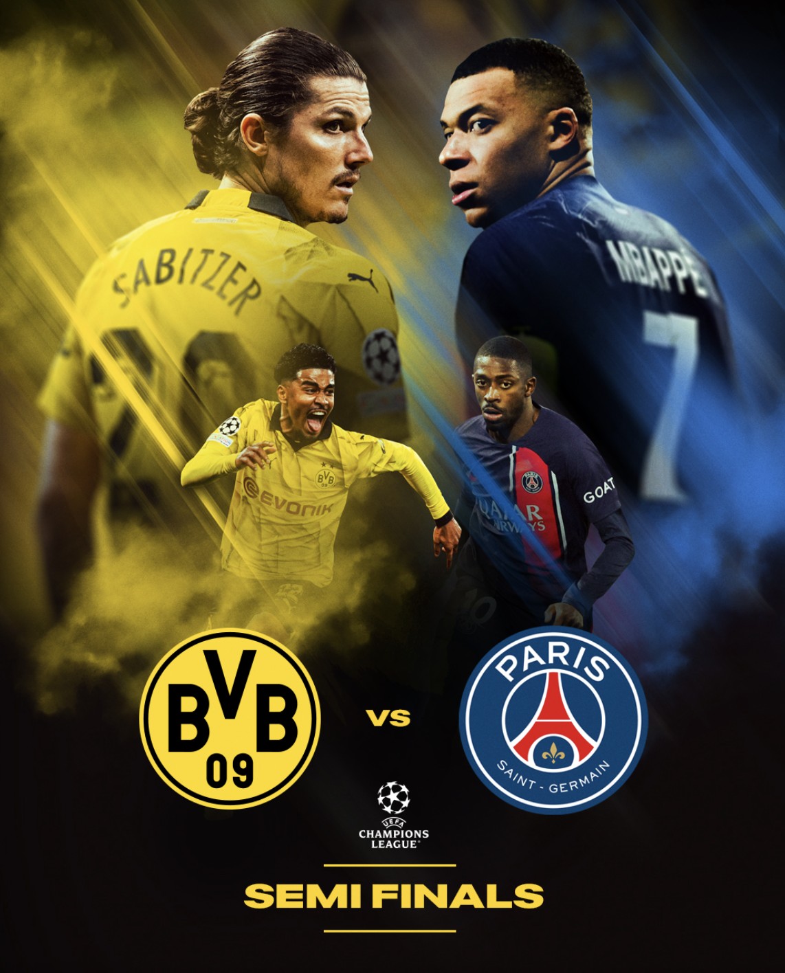 多特欧冠半决赛预热海报:桑乔,姆巴佩,萨比策及登贝莱出镜