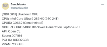 RTX Pro 5000 Blackwell移动版首次跑分！与RTX 5090移动版相当